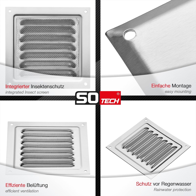 SOTECH Aluminium Lüftungsgitter 125 x 125 mm Edelstahloptik mit Insektenschutz