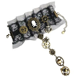 MIUNIKO Women Gothic Pirate Skull Steampunk Gear Bracelet Jewelry Accessory Wristband with Finger Ring