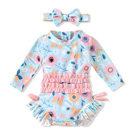 Aalizzwell Infant Baby Girls One Piece Long Sleeve Swimsuit Blue Floral Bathing Suit Zip Up Swimwear Beach Wear 6-12 Months Summer
