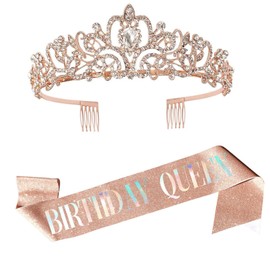 Birthday Crown and Sash for Women,Rose Gold "Birthday Queen" Sash & Rhinestone Tiara Set and Sashes for women's Birthday Decor
