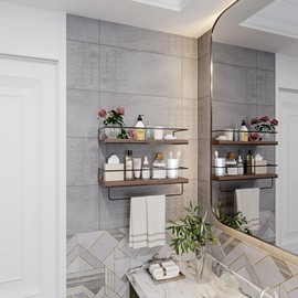 Shario Rustic Wood Floating Shelves - Set of 2, Wall Mounted Hanging Shelves with Black Towel Rack, Decorative Storage Shelves for Bathroom, Kitchen, Living Room & Bedroom (Dark Carbonized Brown)