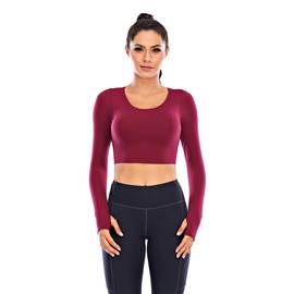 ECUPPER Women Long Sleeve Workout Tops Backless Yoga Gym Shirts Athletic Crop Top with Built in Bra for Fitness Sports Activewear Wine Red