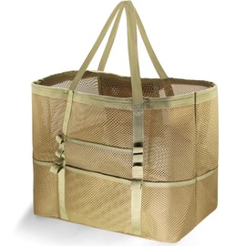 REETEE Beach Bag XXL Family Swimming Bag Large Beach Bag, Mesh Beach Bag Shopper Foldable Travel Bag Beach Tote Bag, Extra Large Swimming Bag Women for Travel, Shopping and Everyday Use, khaki