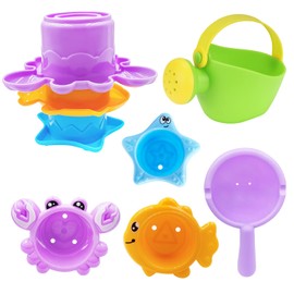 Baby-Badespielzeug für 1-, 2- und 3-jährige Jungen und Mädchen, 5-teiliges Wasserspielzeug für den Swimmingpool, schimmelfreie Stapelbecher, Gießkanne, Badeschiffe, Badewannen-Geschenk für Kleinkinder