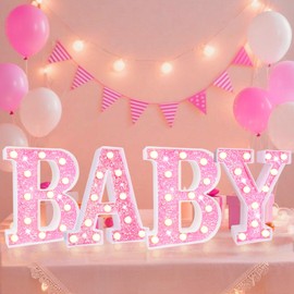 Pooqla Baby Marquee Light Up Letter Set, Pink Glitter Letter Sign for Girl Baby Shower Decoration, LED Light Up Letters for Gender Reveal Birthday Wedding Girls Room Valentines Day Table Wall Decor