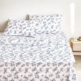 Wake In Cloud - Shabby Chic Bed Sheets, 4-Piece Sheet Set, Floral Botanical Coquette Cottagecore Vintage Flower, Soft Microfiber Deep Pocket Bedding, Dark Blue, Queen Size