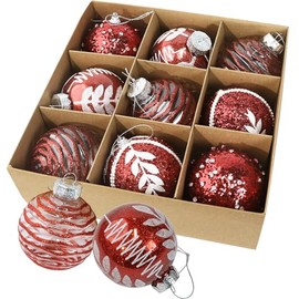 9 Christmas Baubles 8 cm, 3 Designs with Glitter, Available in 3 Colours (Red, Gold, Rose Gold) Elegant Semi-Transparent Decoration for Christmas Tree, Christmas Decoration, Plastic Christmas Tree