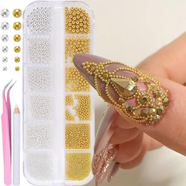 HYWWPFLAY 12 Grids 3D Metal Gold & Silver Nail Beads, Steel Balls for Nails, Mixed Sizes Caviar Beads Nail Charms Rhinestones Studs for Women DIY Crafts Manicure Decorations with Pickup Pen & Tweezers