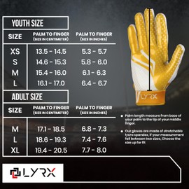 LYRX Professional Football Receiver Gloves with Optimal Silicone Palm Non-Slip Grip Control Ultra-Stick Sports Lightweight Glove and Precision Fit (White-Gold Shine, Youth XS (5.5"))