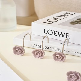 SUQ I OME Decorative Shower Curtain Hooks,12PCS Gray Pink Small Flower Resin Shower Curtain Hooks Rings for Bathroom Baby Room
