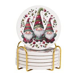 Warmroom Christmas Absorbent Ceramic Coasters for Drinks with Gold Holder and Cork Base Set of 6 Round Decorative Tabletop Protection for Coffee Table Bar Kitchen Home