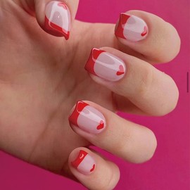 24PCS Short False Nails with Glue Stickers,Coffin Full Cover Acrylic Nails Press on Nails no Glue,Red Love French Fake Nails Stick on Nails for Women and Girls Nail Art.