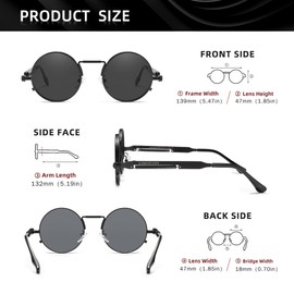 KINGSEVEN Gothic Steampunk Sunglasses Polarized Men Women Vintage Round Metal Frame Sun Glasses A2 (Black Gray)