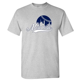 New York City Baseball Skyline Men's Fan T-Shirt (Grey Shirt, M)