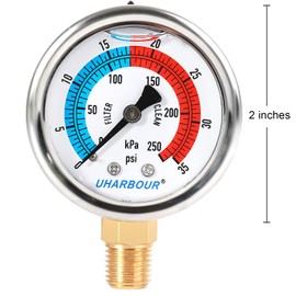 UHARBOUR Water Pressure Gauge,Glycerin Filled, 0-35 PSI/250KPA Test Gauge for The Irrigation, Pools; 2" Dial, 1/4" NPT Bottom Mount…