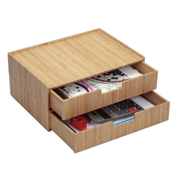 Large Bamboo Drawer 2 PK, Monitor Stand & Stackable Storage Solution for office products pens, pencils, scissors, notepads, business cards and more