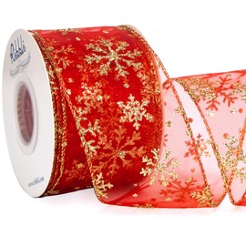 Ribbli Snowflake Glitter Wired Ribbon, Red Organza Sheer Ribbon with Gold Glitter Snowflake Pattern and Iridescent Metallic Edge,2-1/2 Inch x 10Yards Christmas Ribbon for Tree Decoration