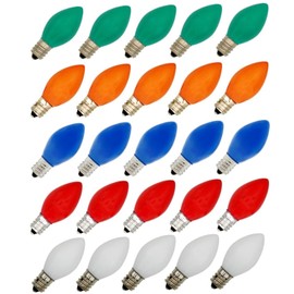 Creative Hobbies Box of 25 Ceramic Multicolor Blinker Bulbs – Green, Red, Orange, White & Blue, C7 Candelabra Base, 7W 120V Random Flash