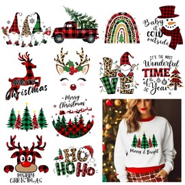 Christmas Iron on Decals for Clothing HTV Heat Transfer Stickers 12pcs Iron on Patches Buffalo Plaid Sticker for Clothes Bag Pillow Covers DIY Decorations (Christmas Red-12pcs)