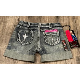 COWGIRL TUFF CO Womens Size 28 Crosses Shimmer Blue Denim Shorts NWT Cuffed