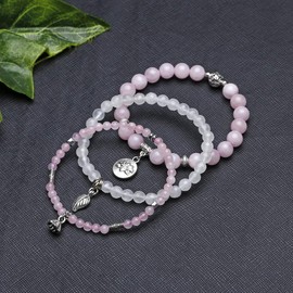 JSDDE 3pcs Natural Rose Quartz Crystals Bracelet Reiki Healing Crystal Gemstone Beads Stretch Bracelets for Women Gift