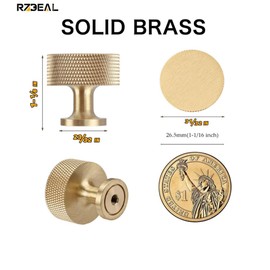 RZDEAL 4pcs Solid Brass Cabinet Knobs Pulls Cabinet Drawer Dresser Gold Knobs Modern Knurled Handles (1"x1"/25mmx25mm), Brushed Brass Finish