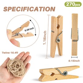 RAINFLOW Mini Wooden Clothespins - 270 PCS Craft Clothespins with Jute Twine Mini Clothespins for Photos Wooden Clothespins Clothes Pins for Crafts DIY Project Hanging Pictures
