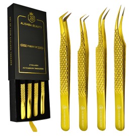 BEAUTICS Alishba Beauty Eyelash Extension Tweezers, Precision Fiber Tip Grip Japanese Stainless Steel Profiessional (Set of 4 Eyelash Tweezer) (GOLD)