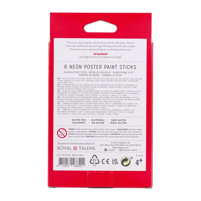 Bruynzeel Poster Paint Sticks 6-Piece Set, Neon