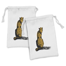 Ambesonne Wildlife Fabric Pouch Set of 2, Sketch Leopard Dangerous Carnivore Wildcat with Shadow, Small Drawstring Bag for Toiletries Masks and Favors, 9" x 6", Black White and Marigold