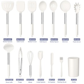 TeamFar Cooking Utensils Set, 14 PCS Silicone Kitchen Utensils with Stainless Steel Handle, Soup Ladle Spatula Spoon Turner for Nonstick Cookware, Healthy & Heatproof, Nonstick & Easy Clean, White