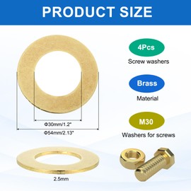 sourcing map 4 Pack Brass Flat Washer, M30 Copper Washers Crush Washer Kit Assortment, 30mm ID, 54mm OD, 2.5mm Thick for Bolts Screws Machinery Repair, Outdoor Construction