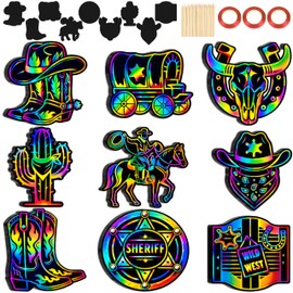 90shine 90 Pcs Western Cowboy Scratch Craft - DIY Rainbow Paper Cards Art Kit with Wooden Stylus for Rodeo Classroom Birthday Party Favors