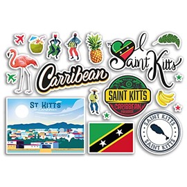 A5 Sticker Sheet Saint Kitts Landmarks Vinyl Stickers - St Caribbean Beach Summer Tropical Coast Flamingo Airport Stamps Skyline Flag Map Travel Holiday Scrapbooking Luggage #79216