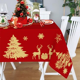 Faptoena Merry Christmas Square Tablecloth 60 inch Christmas Table Cloth Golden Deer Christmas Tree Table Covers Red Christmas Decoration for Christmas Party Dining Room Home Kitchen Picnic