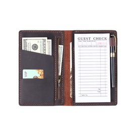 Server Book Organizer with Zipper Pocket, Genuine Leather Restaurant Guest Check Presenters Card Holder for Waitress, Waiter Accessories Fit Server Apron - Coffee