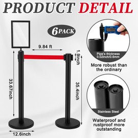 Therwen 6 Pack Heavy Duty Crowd Control Stanchions 9.8 ft Stainless Steel Stanchion Set with 6 Safety Barrier Post Retractable Belt and 1 Sign Holder Crowd Control Barrier(Red Belt,Black)
