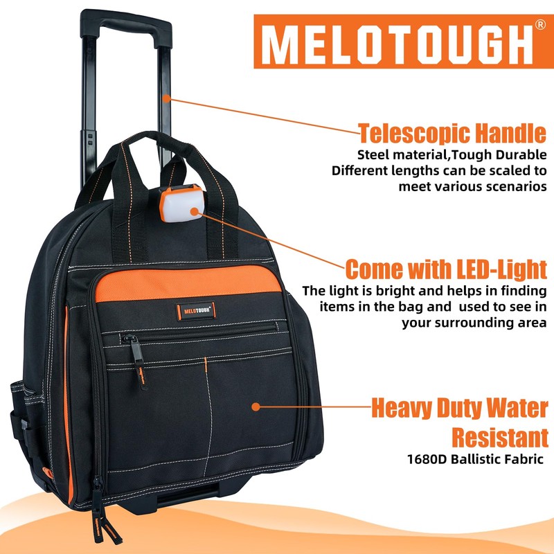 MELOTOUGH LED-Light Rolling Tool bag with Telescoping Handle Heavy Duty
