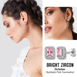 Bestyle Infinity Love Square Stud Earrings with October Pink Tourmaline Birthstone Crystal, Brilliant Love Square Diamond Studs Statement Jewelry for Women