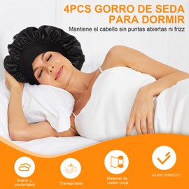 CAVIGLTE 4 Piezas Gorro de Seda para Dormir con 4 Gomas para el Pelo, Ajustable Gorro de Satin para Dormir, Gorro para Dormir para Dormir, Ducha y Belleza