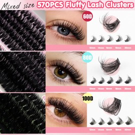 MOTIBACK 570 Piece Fluffy Cluster Lashes Kit – 60D/80D/100D Wispy Cat Eye Lash Clusters, Natural Curly DIY Home Use