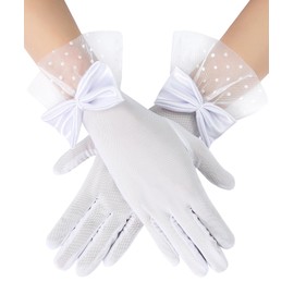 MIREAZW Women's Lace Gloves Tea Party Gloves Sheer Princess Gloves Costume Mesh Bow Short Gloves Wedding Evening Gloves White