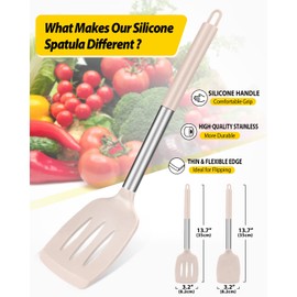 Pack of 2 Silicone Solid Turner, Non Stick Slotted Kitchen Spatulas, High Heat Resistant BPA Free Cooking Utensils, Ideal Cookware for Fish, Eggs, Pancakes(Stainless Steel Khaki)