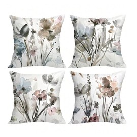 Flower Pillow Covers 18x18, Short Velour Watercolor Floral Pillow Case, Urtra Soft Garden Floral Cushion Covers for Sofa Bedroom Living Room Bay Window Office Car Home Decor, 4 Pack
