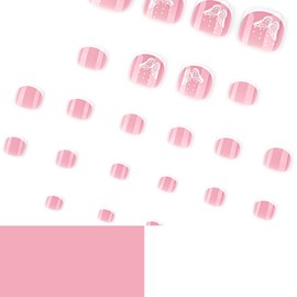 24 Pcs White French Tip Press on Toenails Short Square Summer Butterfly Fake Toenails White Butterflies Stick on Nails Pink Full Cover False Toe Nail Tips Glue on Nails for Women Toe Nail Decoration