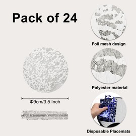 sourcing map 24pcs Disposable Placemats, 3.5 Inch Foil Metallic Place Mats Mesh Pressed Table Doilies, Table Centerpiece Decor for Wedding Party, Silver