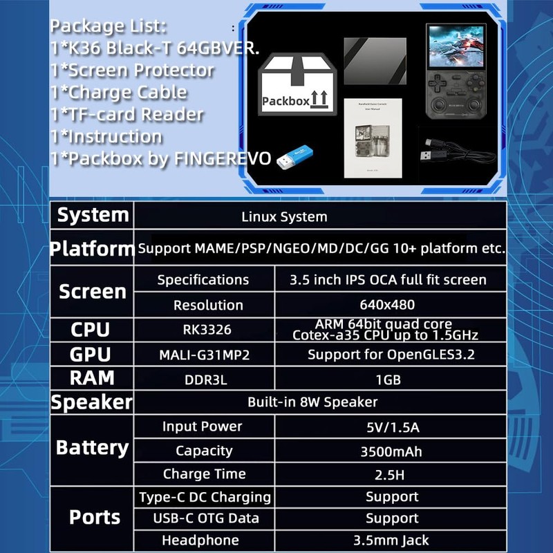 K36 Handheld Game Console 3.5-in 640*480 IPS OCA Screen 3500mAh