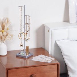 Lolalet Jewelry Organizer Storage Jewelry Holder Stand with 10 Earring Hanger Rack, 6 Tiers Necklace Holder Tree with Bottom Tray for Women Girls Necklaces Earrings Bracelets Rings -Grey