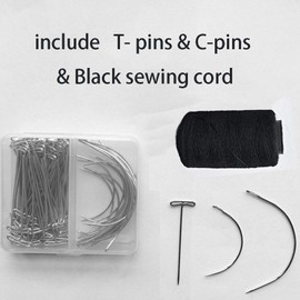 70 Pieces Wig Making Pins Needle Set, Wig T Pins + C Curved Needles + Black Sewing Cord with a Plastic Box Needles Hair Weaving Needles for Wig Crafts Blocking Knitting