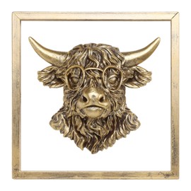 Animal Heads Wall Decor (Includes Metal Frame) Resin Animals Sculptures Head Wall Hanging Decoration Gold vintage Wall Sculpture for Living Room Bedroom Office(Highland cattle)